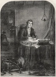 Duque de Wellington (Arthur Wellesley (1769-1852) Duque de Wellington) despacho de escrita após Waterloo, junho 19 1815 - gravura 1852