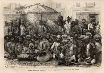Durbar (conselho feodal e legal de um estado principesco) de Maharaja Rana, do reino de Dholepore (Rajasthan). Engravure pour illustrrer l