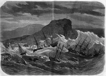Terremoto do Peru: tsunami submerge a cidade de Arica em setembro de 1869 - Gravação no "Le Journal Illustré