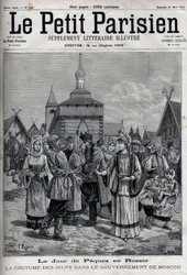 Dia de Páscoa na Rússia: o costume dos ovos no governo de Moscovo. Aparelhos dos habitantes oferecendo ovos vermelhos para celebrar a ressurreição de Cristo. Gravura em "Le Parisien".