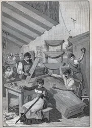 Ebenisterie: oficina de envernizamento de selos. Gravura de 1885 em "Les arts et metiers illustres" de Adolphe BITARD.
