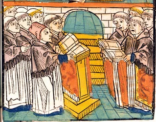 Canto eclesiástico (monges cantores) - no manuscrito "Concílio de Constança" de 1497.