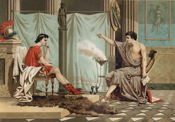 Educação de Alexandre o Grande (356 - 323 AC) pelo filósofo Aristóteles (384 AC a 322 AC depois de "La Ciencia y sus Hombres" de Louis Figuier. Barcelona 1881.