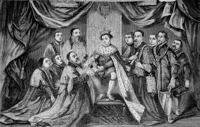 Edward VI (1547 -1553), Rei de Inglaterra, concedendo um privilégio ao assinar um alvará a Bridewell - de acordo com Hans Holbein.