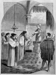 Eduardo VI (1547 -1553), Rei de Inglaterra, apresentando o certificado de Joan Bocher para Arcebispo Cranmer