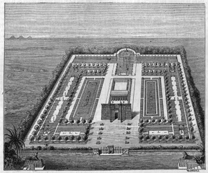 Jardim egípcio no tempo dos faraós. Gravura em "La Nature: Revue des sciences et de leurs applications aux arts et a l