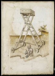 Dispositivo de elevação e prisioneiro anexo - Manuscrito: folha de pergaminho de um manual de engenharia para a construção de edifícios civis, religiosos e militares, anónimo, finais do século XV (figura em tinta chinesa)