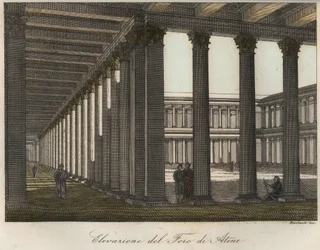 Elevação do fórum em Atenas (O Fórum Romano de Atenas está localizado ao norte da acrópole e a leste da ágora clássica original grega) gravada a partir de "Usi e Costumi di Tutti i i Popoli dell
