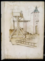 Sistema de elevação e escalas - Manuscrito: folha de pergaminho de um manual de engenharia para a construção de edifícios civis, religiosos e militares, anónimo, final do século XV (figura em tinta chinesa)