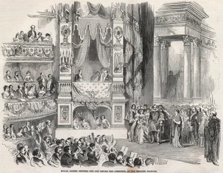 Elisabeth Rachel Felix, conhecida como Mademoiselle Rachel (1821-1858), Tragedienne francesa, perante Napoleão III no Teatro Francais em 1852 - Na véspera da proclamação do Segundo Império, Rachel declarou no Teatro Francais, em 22 de Outubro de 1852, a