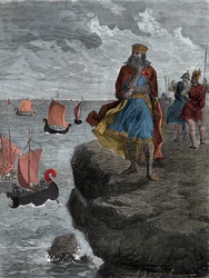 Imperador Carlos Magno observa a chegada dos navios normandos - Rei Carlos Magno (742/747-814), Rei dos Francos, olha para os navios cheios de invasores do Norsemen