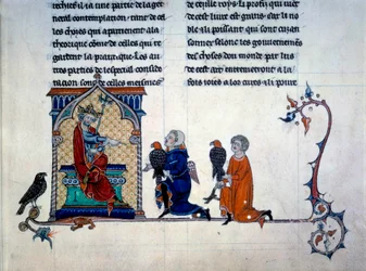 Imperador Frederic II (1194-1250) recebendo falcões em miniatura de "De arte venandi Cum avibus"