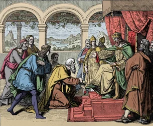 O imperador Frederic I Barberossa (1122-1190) (Frederic I de Hohenstaufen) em sua segunda viagem à Itália em 1158 passa o rio Adda e encontra o povo de Lodi que lhe implora para voltar ao seu território (Segunda campanha italiana, o imperador Frederick Bar
