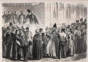 Imperador Napoleão III (1808-1873) no terraço da villa de Strauss a Vichy, saudado pelo povo do campo no domingo 7 de Julho de 1861 - Gravura no "Mundo Ilustrado