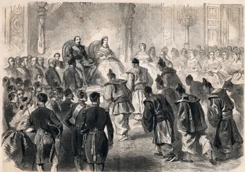O Imperador Napoleão III e Impression Eugenie de Montijo receberam solenemente os embaixadores japoneses nas Tuileries, em Paris, no dia 13 de Abril de 1862. Gravura em "Le Monde ilustre" de 1862. Coleção privada.