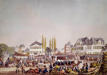 O Imperador Napoleão I (1769-1821) analisa as tropas em Frankfurt. Gravura de 1813. Frankfurt, Museu Histórico