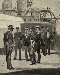 Visita do Imperador Guilherme II da Alemanha (1859-1941) ao navio de guerra Sicilia, Veneza, Itália, desenho de E X de L