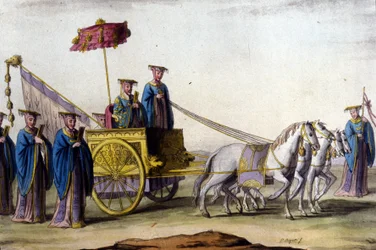 Imperador da dinastia Ming em sua carruagem - in" Le costume ancien et moderne" de J. Ferrario, ed. Milão