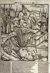 Eneide de Virgil (70 a.C.-19 a.C.), Livro XII, o herói troiano Enee é milagrosamente tratado por Vênus, ele então decidiu invadir a cidade de Latinus. O rei do Lácio morre (à direita) e é Eneïe que se tornará o rei a martirizar a filha do falecido Lavini.