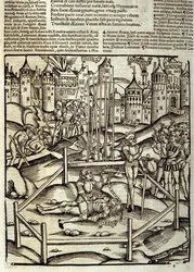 Eneide de Virgil (70 AC-19 AC), Livro XII, o herói troiano Enee mata em uma batalha de Turnos sob os olhos dos latinos e Rutules. Xilografia de Sebastian Brant (1458-1521). Estrasburgo