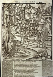 Eneide de Virgil (70 AC-19 AC), livro XIII (suplemento), os heróis de Tróia Enee recebem os latinos, os sacrifícios são feitos em honra das vítimas da guerra. Xilografia de Sebastian Brant (1458-1521). Estrasburgo