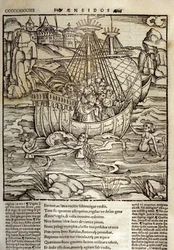 Eneide de Virgil (70 a.C.-19 a.C.), o herói troiano Enee e seus companheiros atravessam um mar cheio de sirenes. Xilografia de Sebastian Brant (1458-1521). Estrasburgo