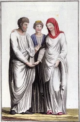 Noivado ou promessa de casamento: dextrarum iunctio ou união de mãos direitas. Gravura do século XIX.