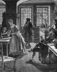 Inglaterra, final do século XVII: homens fumando em um café. Gravura do século XIX. No "Histoire de France" de Jules Michelet