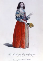 Mulher inglesa com vestido de primavera em 1641. Gravura do século XIX.