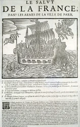 Madeira gravada. Panfleto político de Mazarinade: "A salvação da França, nos braços da Cidade de Paris" A - O bom génio da França, consumindo sua majestade (Luís XIII) na sua frota real, B - Príncipe de Conty, C - Duc de Bouillon et de la Motte-Hauda
