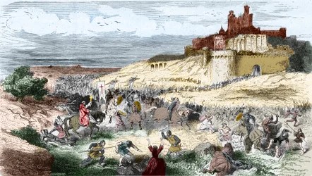 Gravura: Cruzada contra os cátaros - albigenses - Tomada de Béziers em 21 de julho de 1209 por Simão de Montfort (Simão IV, conde de Montfort); os 7000 habitantes são massacrados e a cidade saqueada e incendiada - Gravura em “Histoire de France en cent