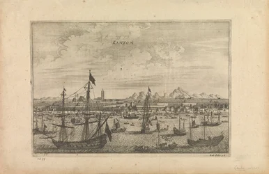 Gravura intitulada "Kanton 1655", que é a impressão do artista sobre Cantão a partir de um barco em 1655
