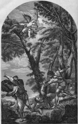 Gravura mostrando "O Martírio de São Pedro" de Tiziano (Ticiano) queima em 15 de agosto