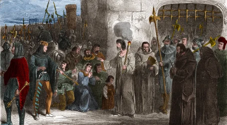 Camareiro Enguerrand de Marigny (1260-1315) e ministro do rei Felipe IV o Bel caminhando para a tortura em 1315. Gravura em "Histoire De France En Cent Paintings de Paul Lehugeur "1891 - Enguerrand de Marigny (1260-1315) camareiro e ministro de F