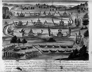 Entrada dos embaixadores franceses no rio Sião - em "Voyages du kingdom de Siam, historiques de 1688".