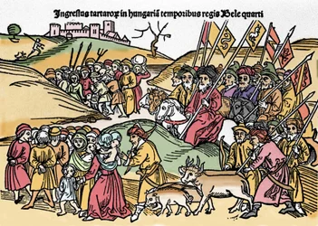 Entrada dos Tártaros na Hungria sob a regra de Bela IV (1235-1270) da Hungria. Gravura de "Chronica Hungariae". Biblioteca Marciana, Veneza.