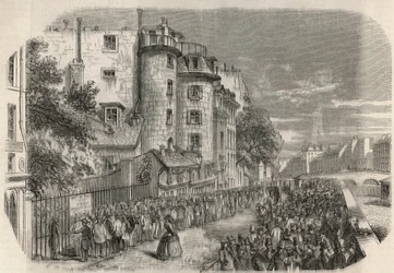 Entrada da prefeitura de polícia pela rue de Jerusalem na esquina da Quai des Orfevres em Paris no século XIX antes de 1871 - Gravação em "Tableau-de-Paris" de Edmond Texier 1852.