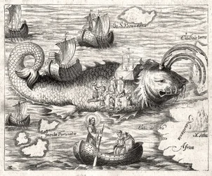 Episódio da Lenda de Saint Brandan (Brendan): uma fantástica viagem da abadia irlandesa do século VI em busca do Paraíso terrestre. Impressão de 1621.