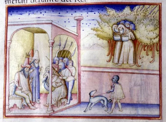 Episódio da vida de Jeosafá de Judá (868 AC - 847 AC). Manuscrito do século XIV. Milão, Bibl, Braidense.