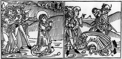 Episódio da vida de São Donat (morreu por volta de 355) Gravura de "Leben der Heiligen - sommerteil" (O livro do santo) de Jacobus (Tiago) de Voragine (1228-1298). Lubeck 1488.