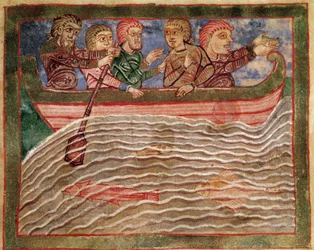 Episódio da vida de Saint Radegonde (Radegundis) de Poitiers (519-587), esposa de Clotaire I, rei dos Francos: Radegundis representado num barco que salva as águas de Florio (?). Miniatura de um manuscrito do século XI. Biblioteca Municipal de Poitiers.