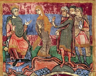Episódio da vida de Saint Radegonde (Radegundis) de Poitiers (519-587), esposa de Clotaire I, rei dos Francos: Radegundo é liderado pelo Rei Clotaire I. Miniatura de um manuscrito do século XI. Biblioteca Municipal de Poitiers.