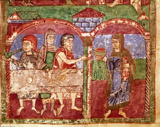 Episódio da vida de Sainte Radegonde (Radegundis) de Poitiers (519-587), esposa de Clotaire I, rei dos Francos: Radegonde durante as suas obras de caridade serve à mesa dos pobres. Miniatura de um manuscrito do século XI. Biblioteca Municipal de Poitiers
