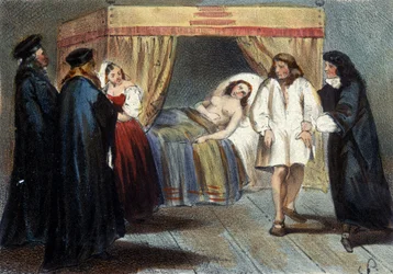 Episódio do teste de masculinidade de Vicente I Gonzague (1562 - 1612), Duque de Mântua, por seu casamento com a filha de Francisco de Médici, Eléonore em 1584. Ele era suspeito de não ter herdeiros. Litografia do século XIX.