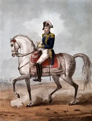 Retrato equestre do Marquês Gilbert du Motier de La Fayette (1757-1834), aristocrata francês, oficial militar e político - Gravura - Marquês de La Fayette (1757-1834), militar e político francês