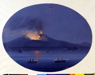 Erupção nocturna do monte Etna vista do mar ao largo de Catania. Pintura anónima do século XIX.
