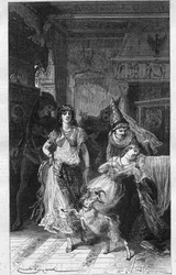Esmeralda e Fleur de Lys (Fleur-de-Lys). Ilustração de "Notre Dame de Paris" de Victor Hugo (1802-1885). Gravura de finais do século XIX.