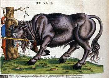 Bisão europeu (Bos primigenius primigenius) cuja raça morreu no século XVII em "Historia Animalium" de Konrad Gesner