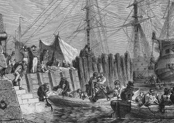 Evacuação de Flesringe pelos ingleses em 1802: embarque dos doentes - no "Histoire de France" de Henri Martin, sd. Século XIX.