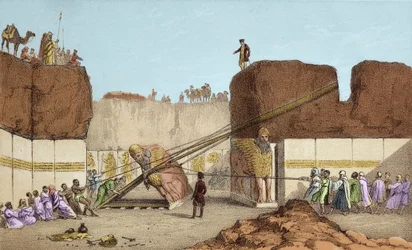 Escavações de Nínive (Nineveh) - As ruínas de Nimrud (Nimroud) por Henri Layard (após a sua viagem à Mesopotâmia no século XIX); substituição do grande touro alado - O transporte de um touro alado de Nimrud, durante as escavações de Sir Austen Henry